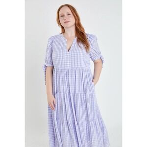 English Factory Gingham Tiered Midi Dress Sz 3XL Bow Tied Sleeves Purple Cottage